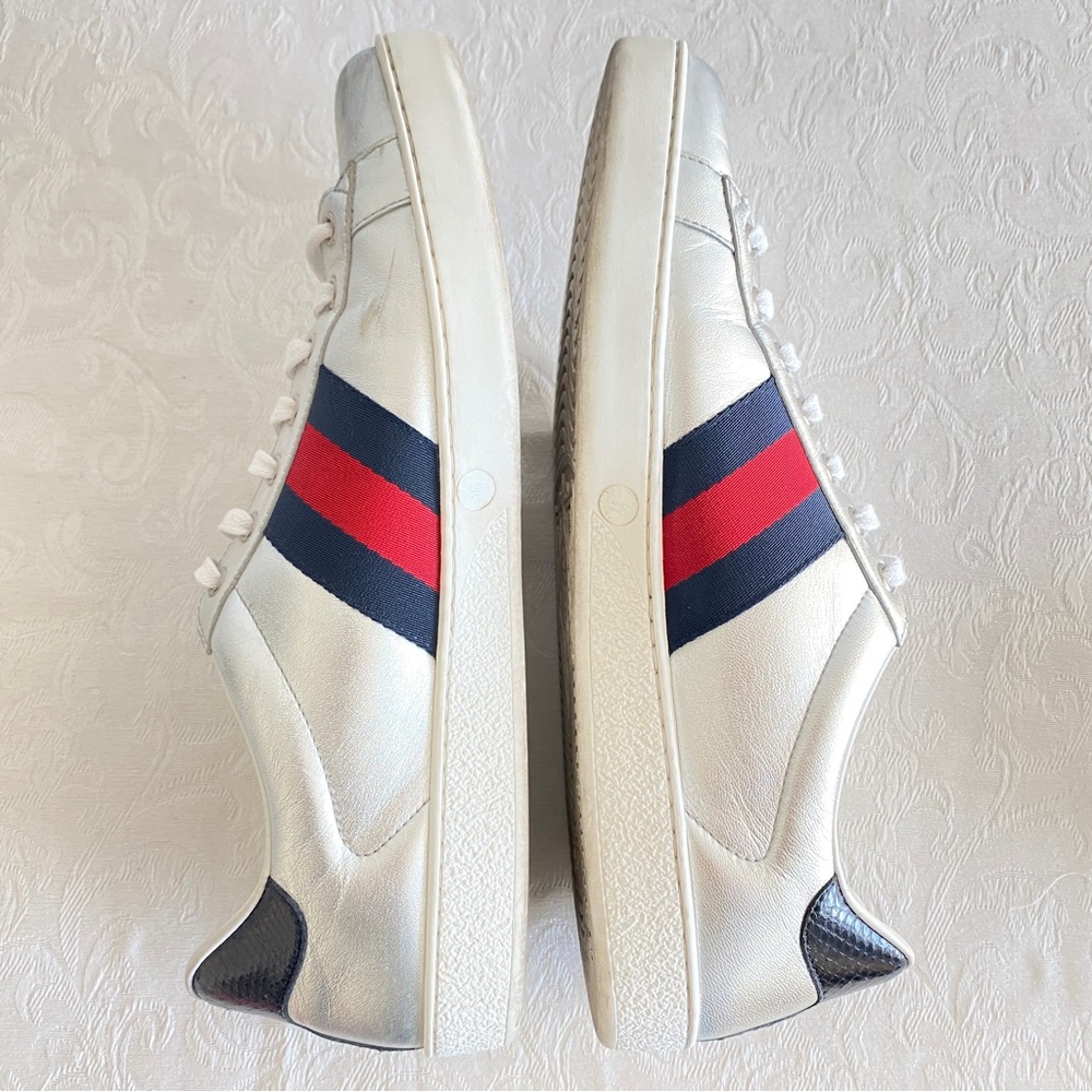 Gucci silver leather Web Sneakers - Picture 8 of 14